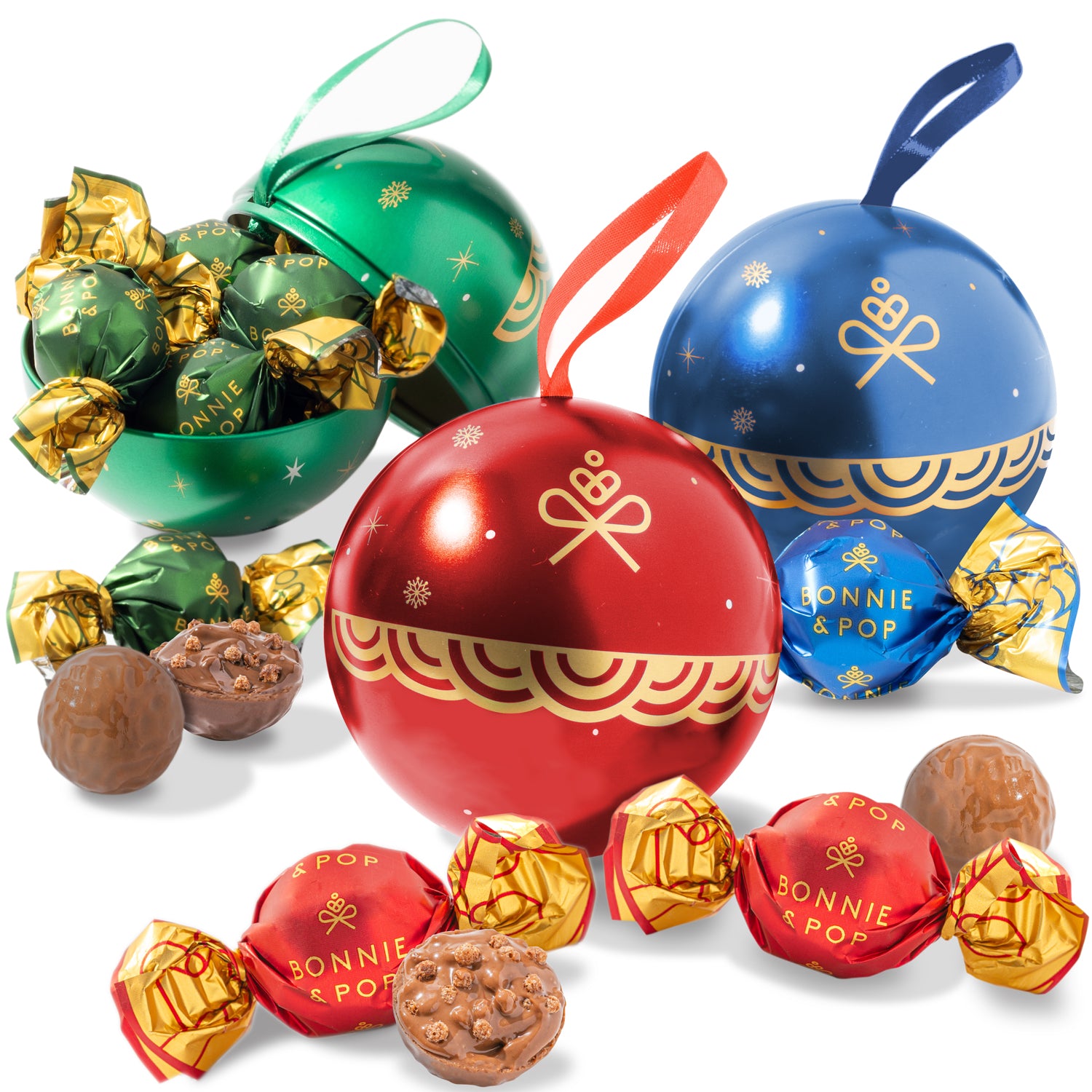 Christmas Gift- Festive Ornament Tins Filled with Gourmet Chocolate Bon Bons- Set of 3