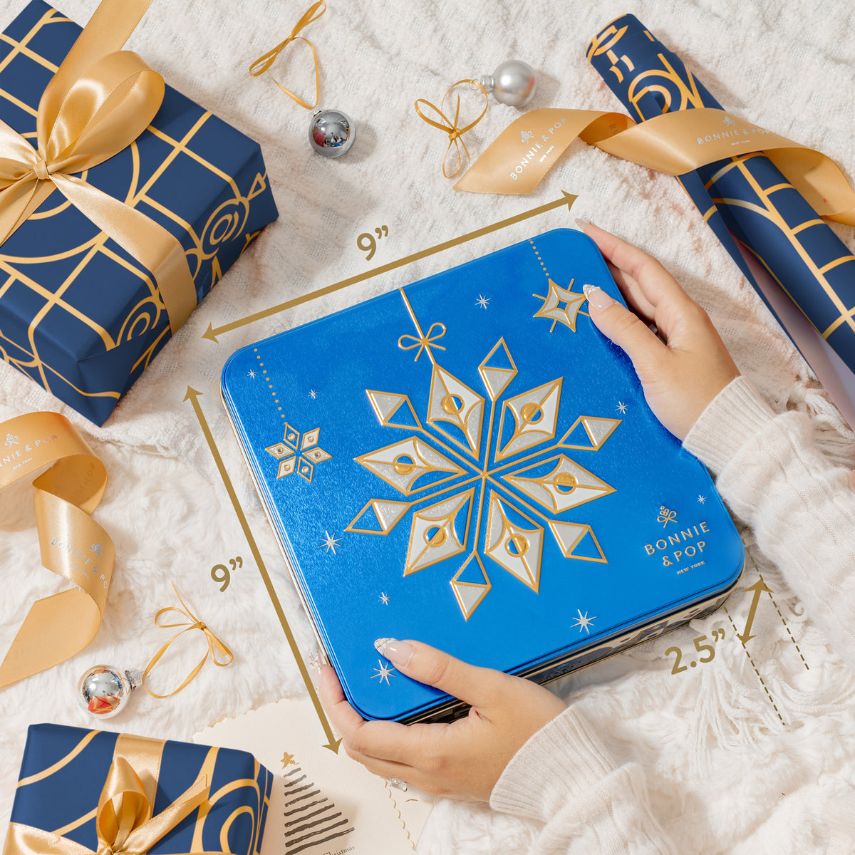 Christmas Gift β Blue Snowflake Holiday Tin with Gourmet Chocolates, Nuts & Cookies