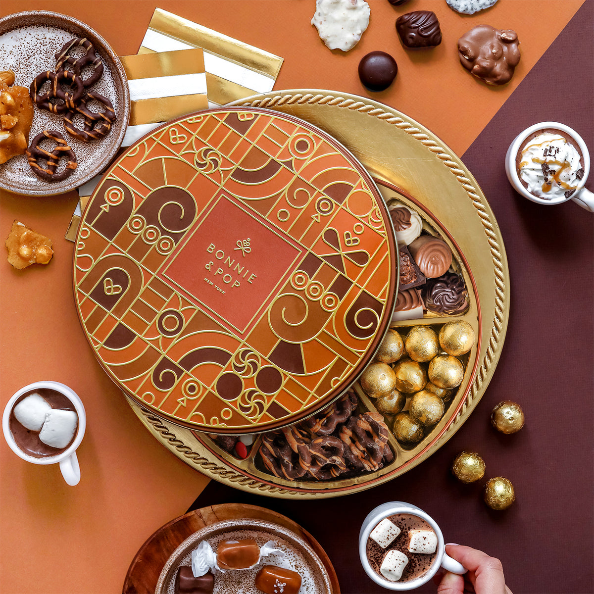 Festive Gift Tin Filled with Truffles, Pretzels & Gourmet Chocolates