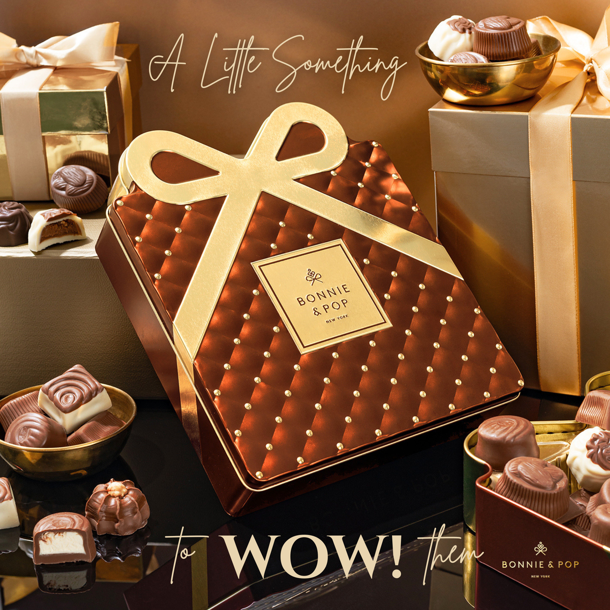 Gourmet Chocolate Gift Box – Elegant Bow Tin with Belgian Truffles - Copper