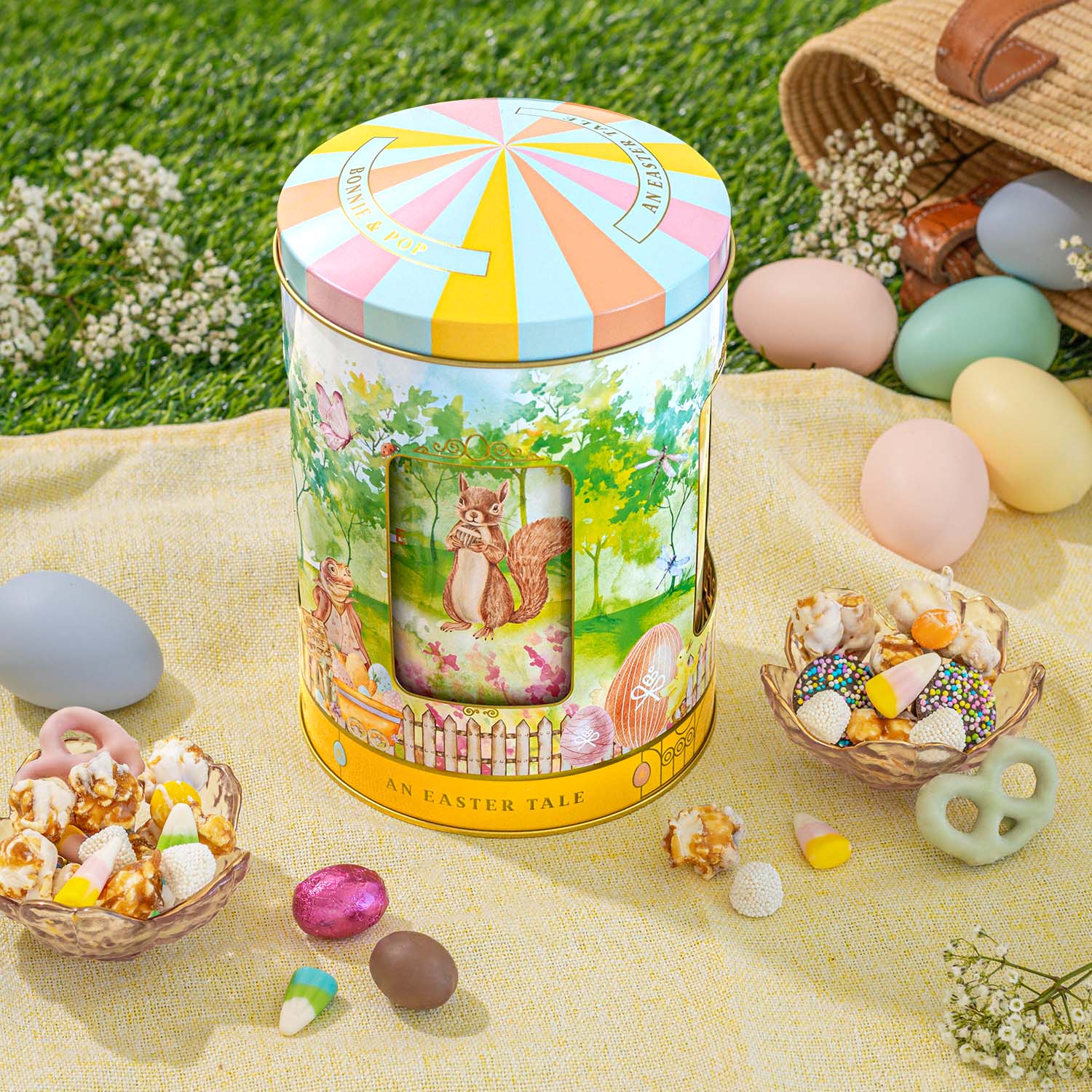 Musical Easter Carousel Gift Tin with Spring Candy Assortment – Plays Easter Music, Chocolate Eggs, Yogurt Pretzels & Popcorn