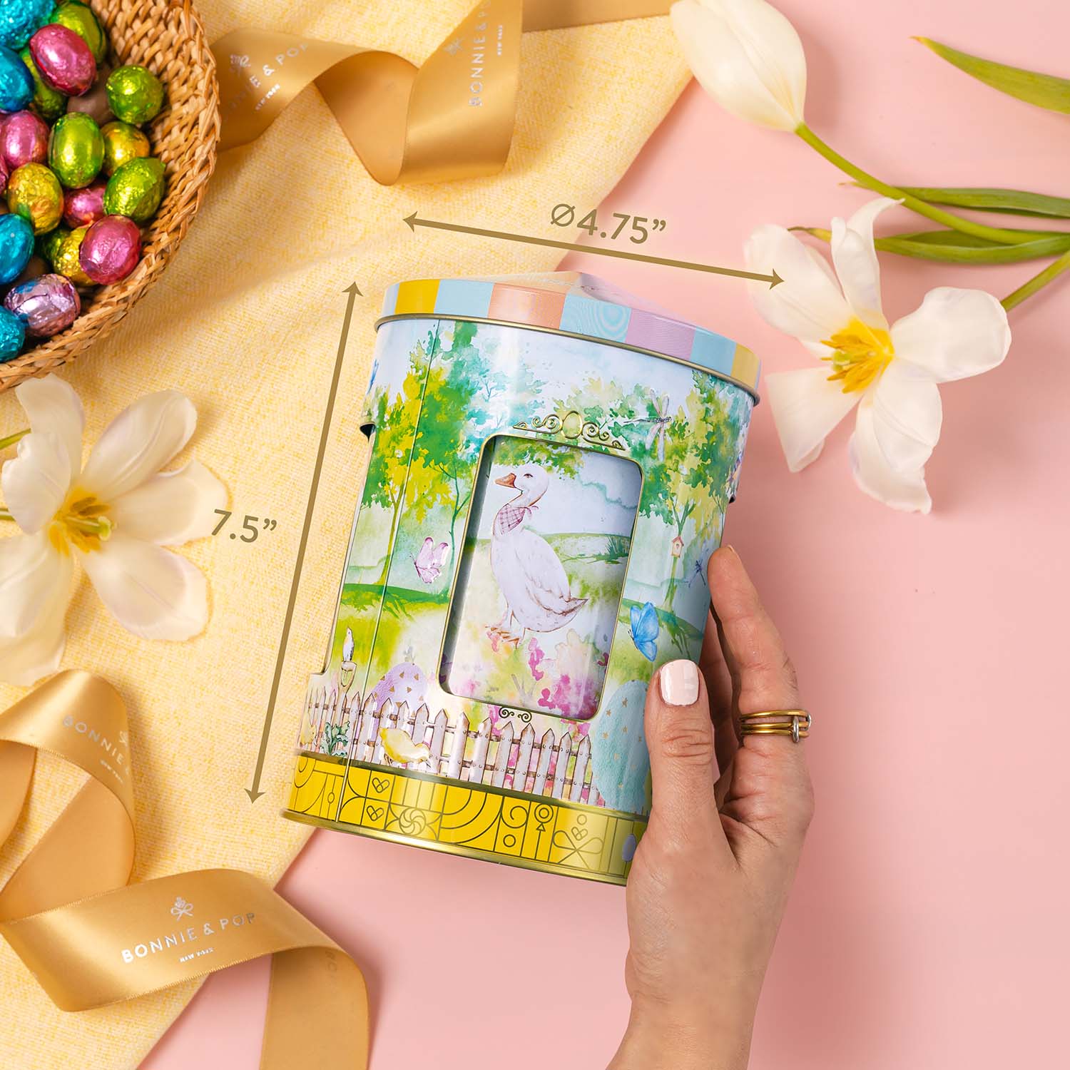 Musical Easter Carousel Gift Tin with Spring Candy Assortment – Plays Easter Music, Chocolate Eggs, Yogurt Pretzels & Popcorn