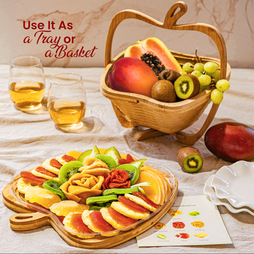 Dried Fruit Gift Basket with Wooden Tray – Exotic, Healthy Fruit Variety