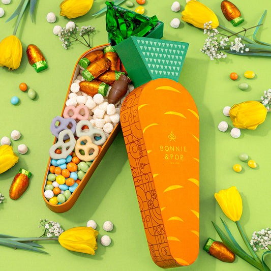 Easter Carrot Treat Tin Gift – Spring Candy Assortment with Caramels, Champagne Bubbles Candy, Candied Peanuts, Yogurt Pretzels & Shortbread Cookies