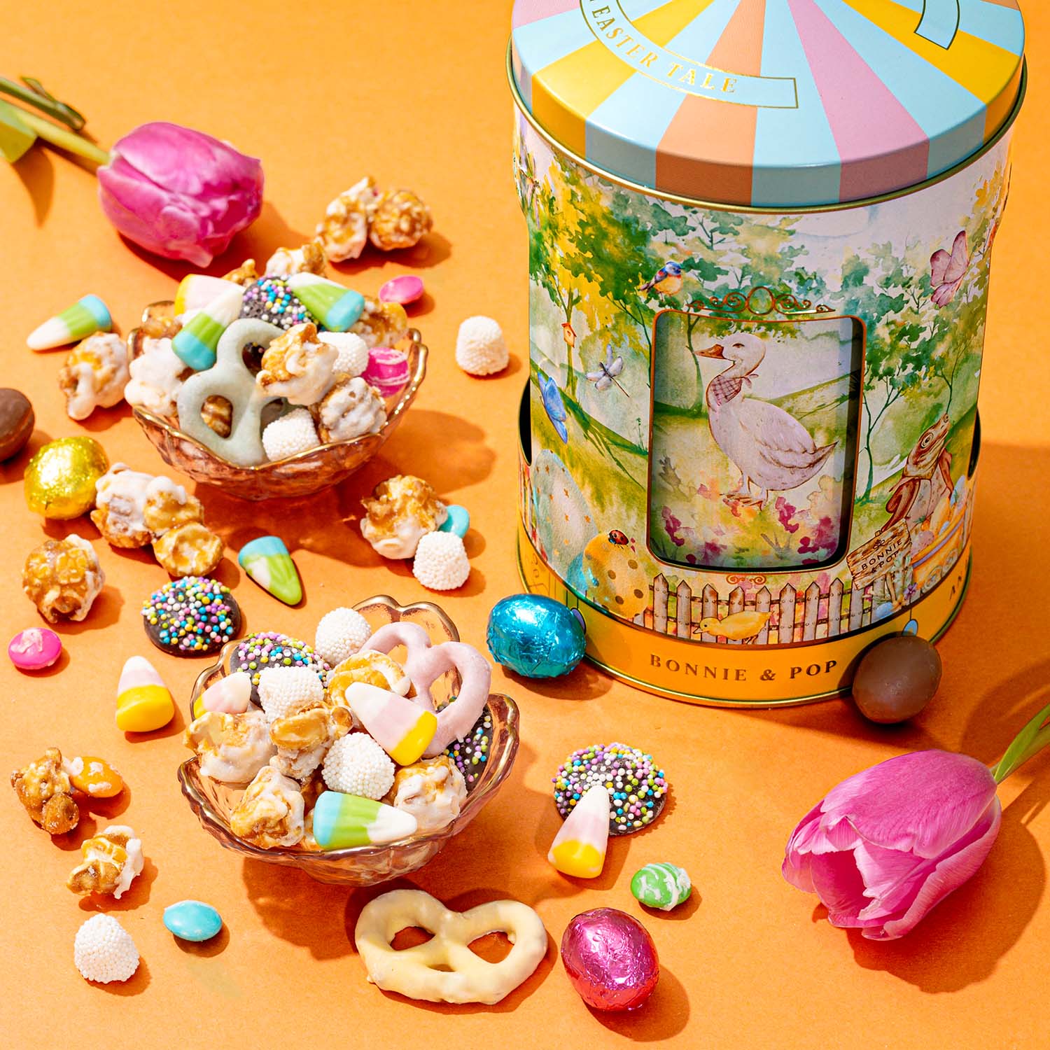 Musical Easter Carousel Gift Tin with Spring Candy Assortment – Plays Easter Music, Chocolate Eggs, Yogurt Pretzels & Popcorn