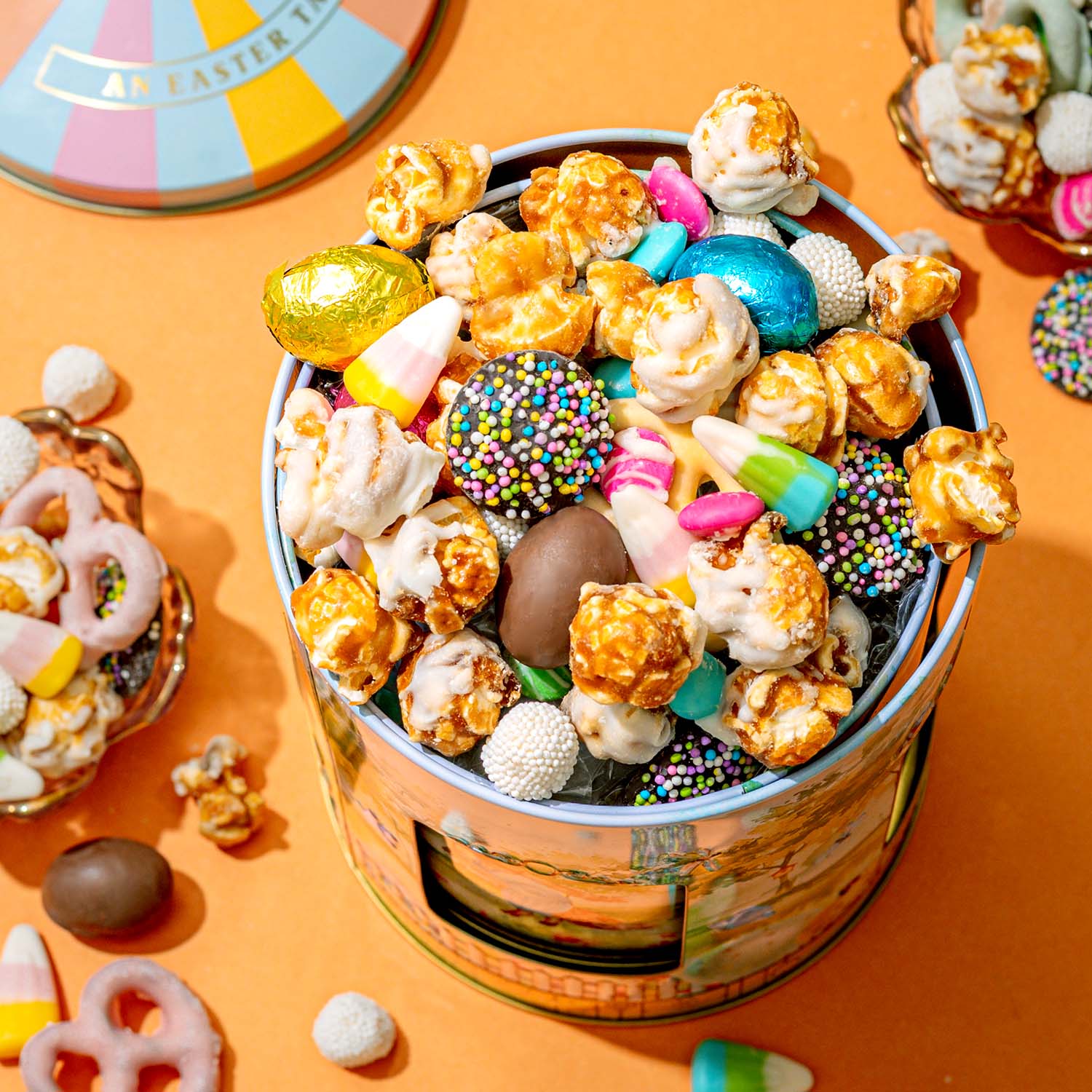 Musical Easter Carousel Gift Tin with Spring Candy Assortment – Plays Easter Music, Chocolate Eggs, Yogurt Pretzels & Popcorn