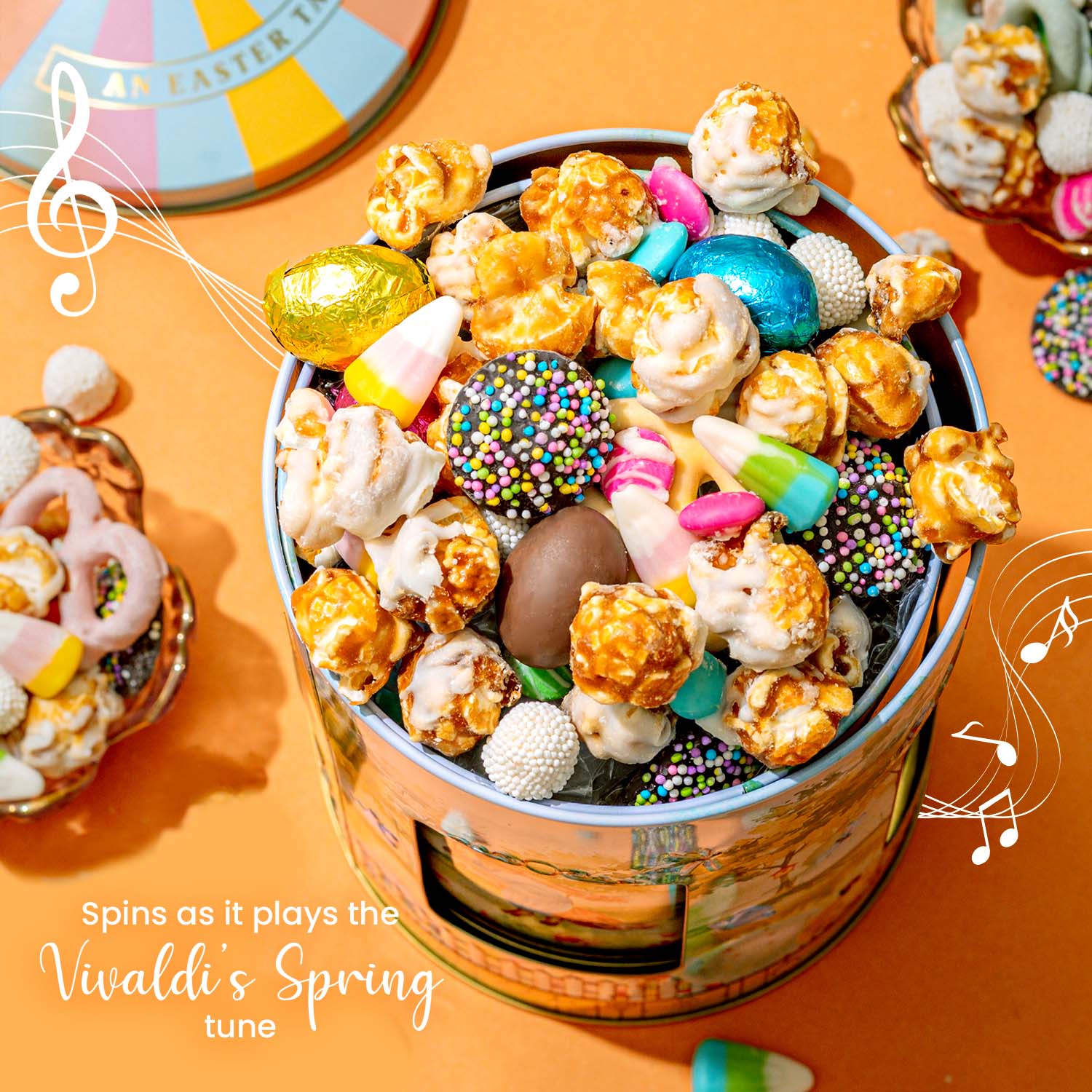 Musical Easter Carousel Gift Tin with Spring Candy Assortment – Plays Easter Music, Chocolate Eggs, Yogurt Pretzels & Popcorn