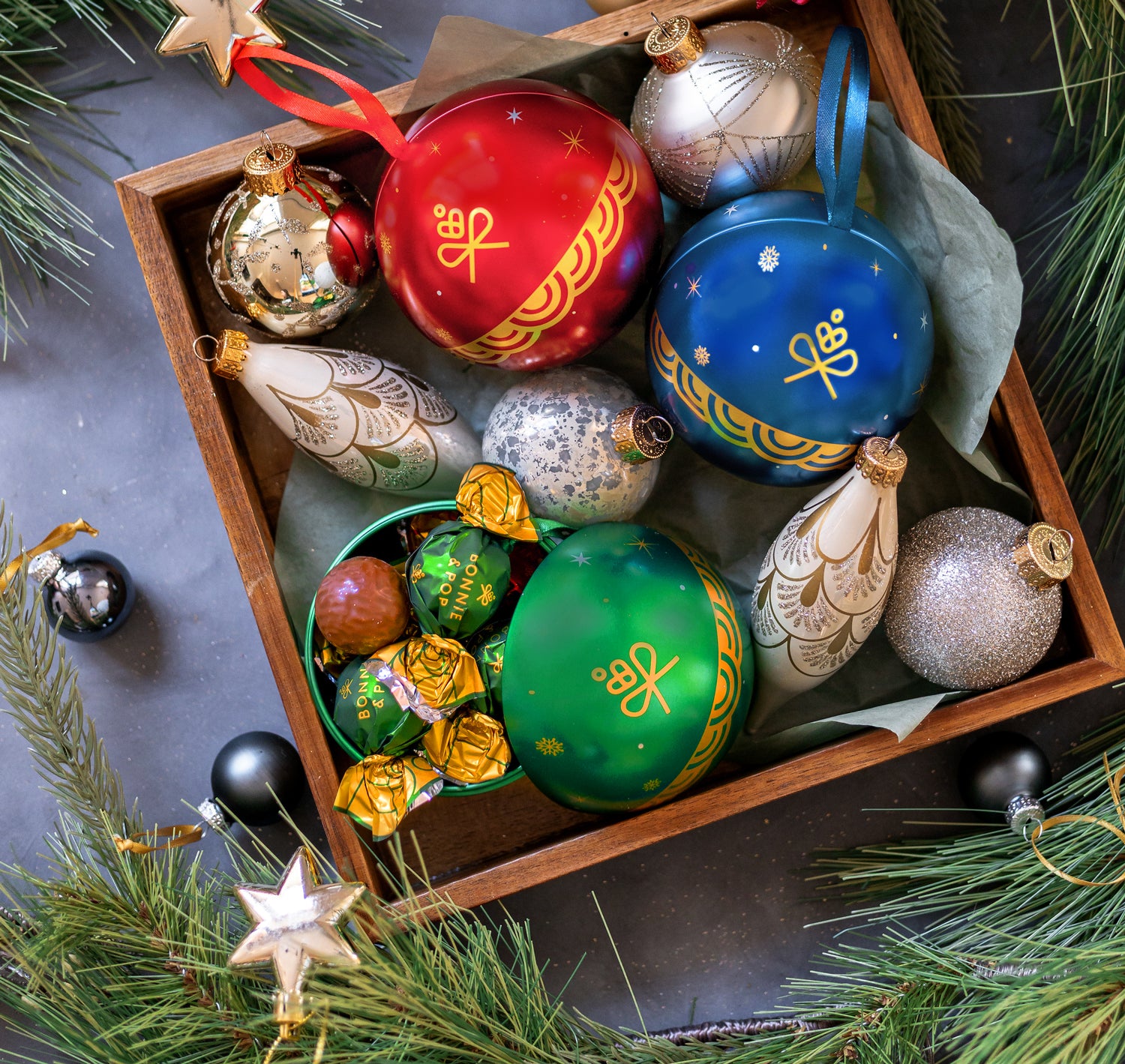 Christmas Gift- Festive Ornament Tins Filled with Gourmet Chocolate Bon Bons- Set of 3