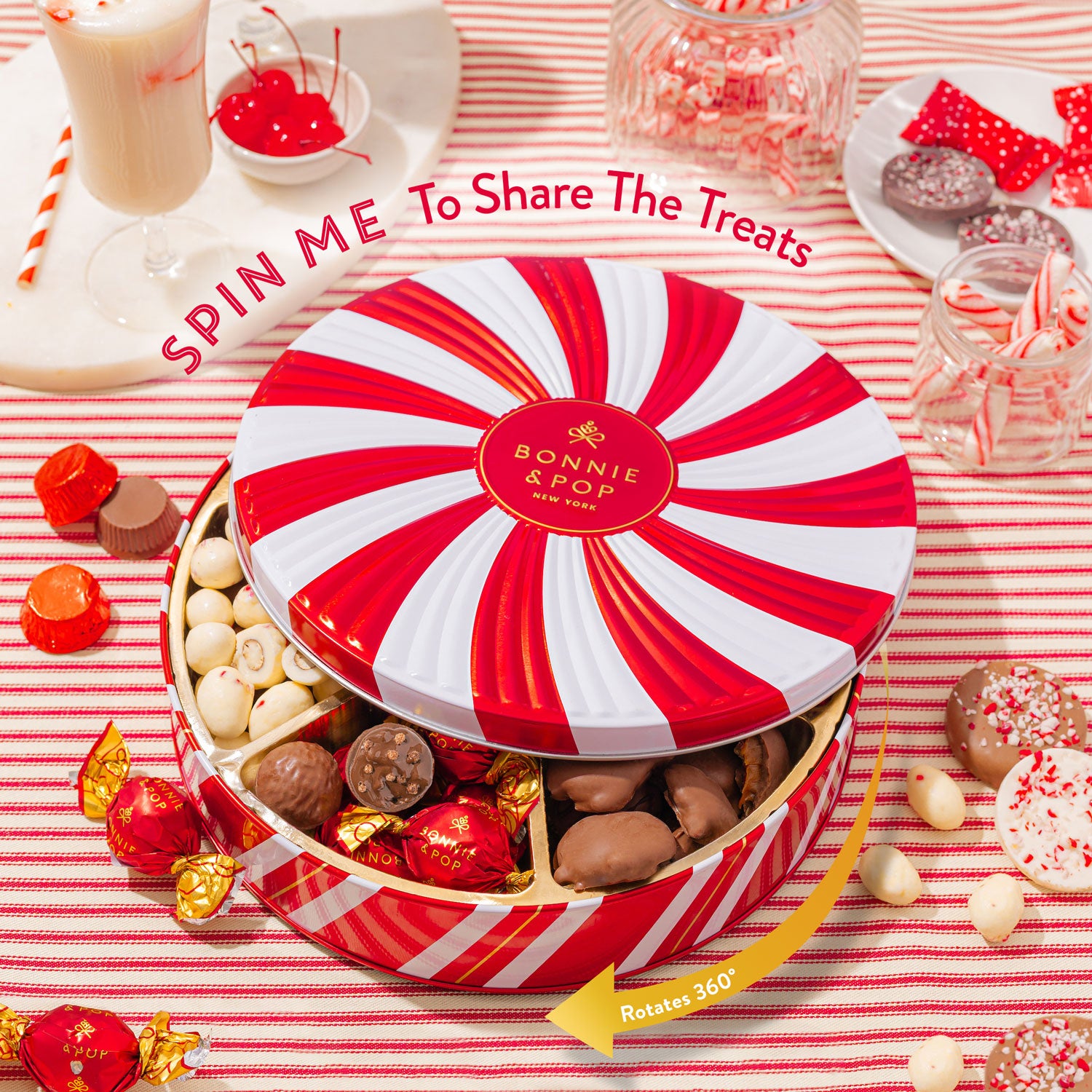 Christmas Gift Basket – Holiday Treat Tin with Built-in Lazy Susan
