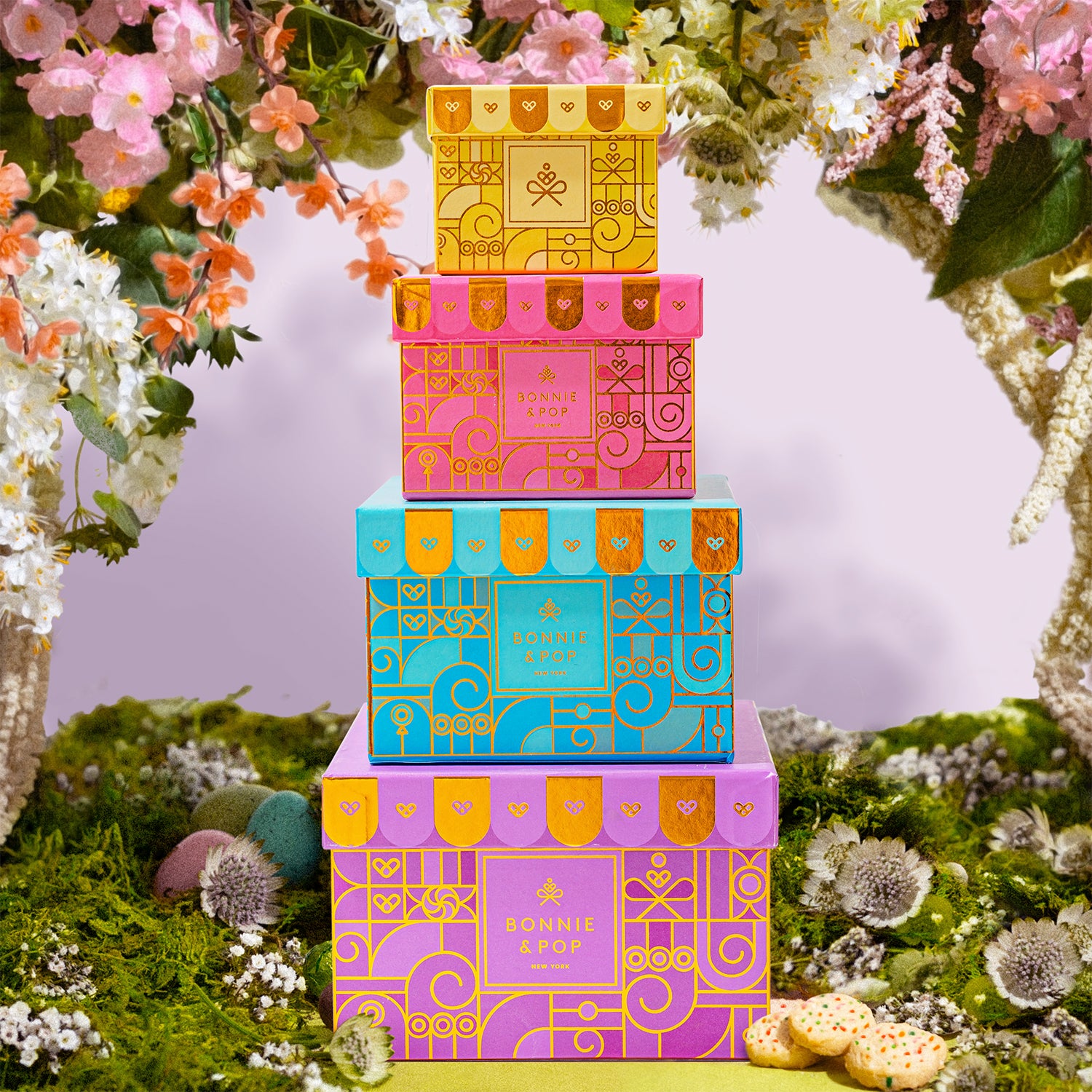 Spring Easter Gift Tower – Assorted Gourmet Snacks & Sweets Gift Boxes, Popcorn, Cookies, Yogurt Pretzels, Almonds, Taffy, Caramels & Nuts