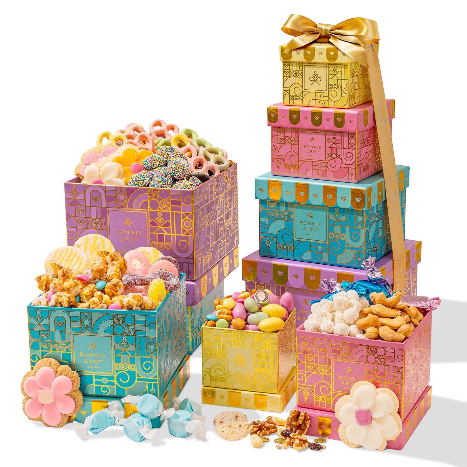 Spring Easter Gift Tower – Assorted Gourmet Snacks & Sweets Gift Boxes, Popcorn, Cookies, Yogurt Pretzels, Almonds, Taffy, Caramels & Nuts