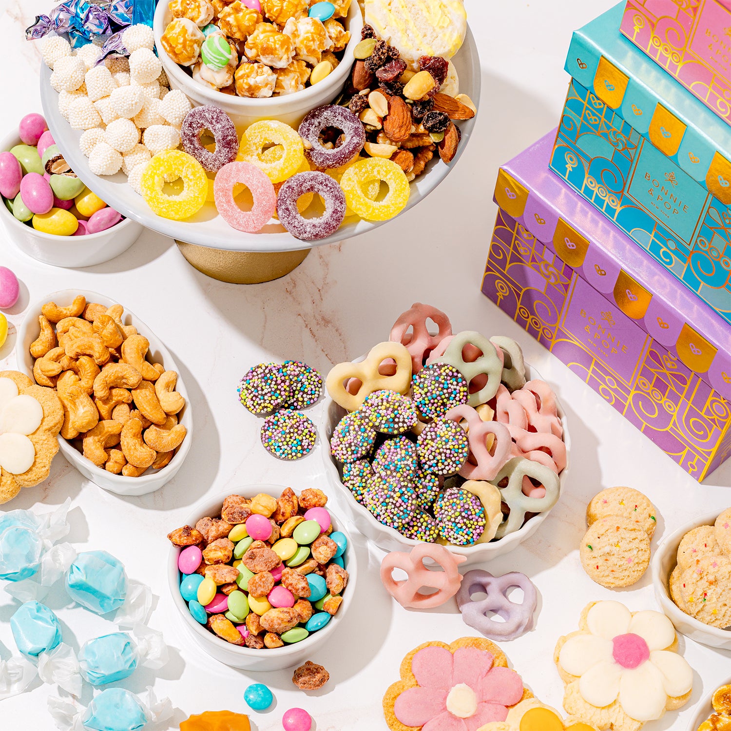 Spring Easter Gift Tower – Assorted Gourmet Snacks & Sweets Gift Boxes, Popcorn, Cookies, Yogurt Pretzels, Almonds, Taffy, Caramels & Nuts