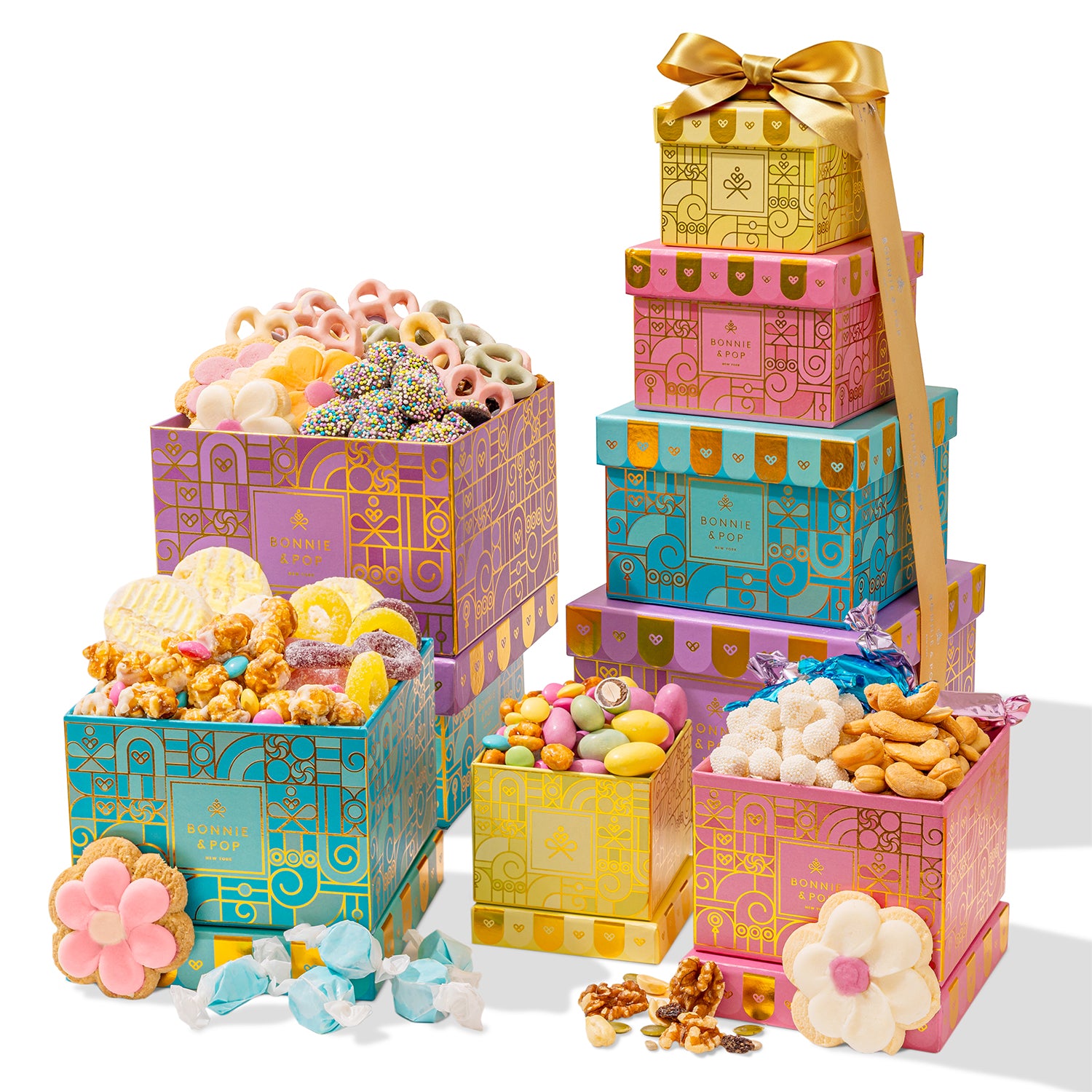 Spring Easter Gift Tower – Assorted Gourmet Snacks & Sweets Gift Boxes, Popcorn, Cookies, Yogurt Pretzels, Almonds, Taffy, Caramels & Nuts