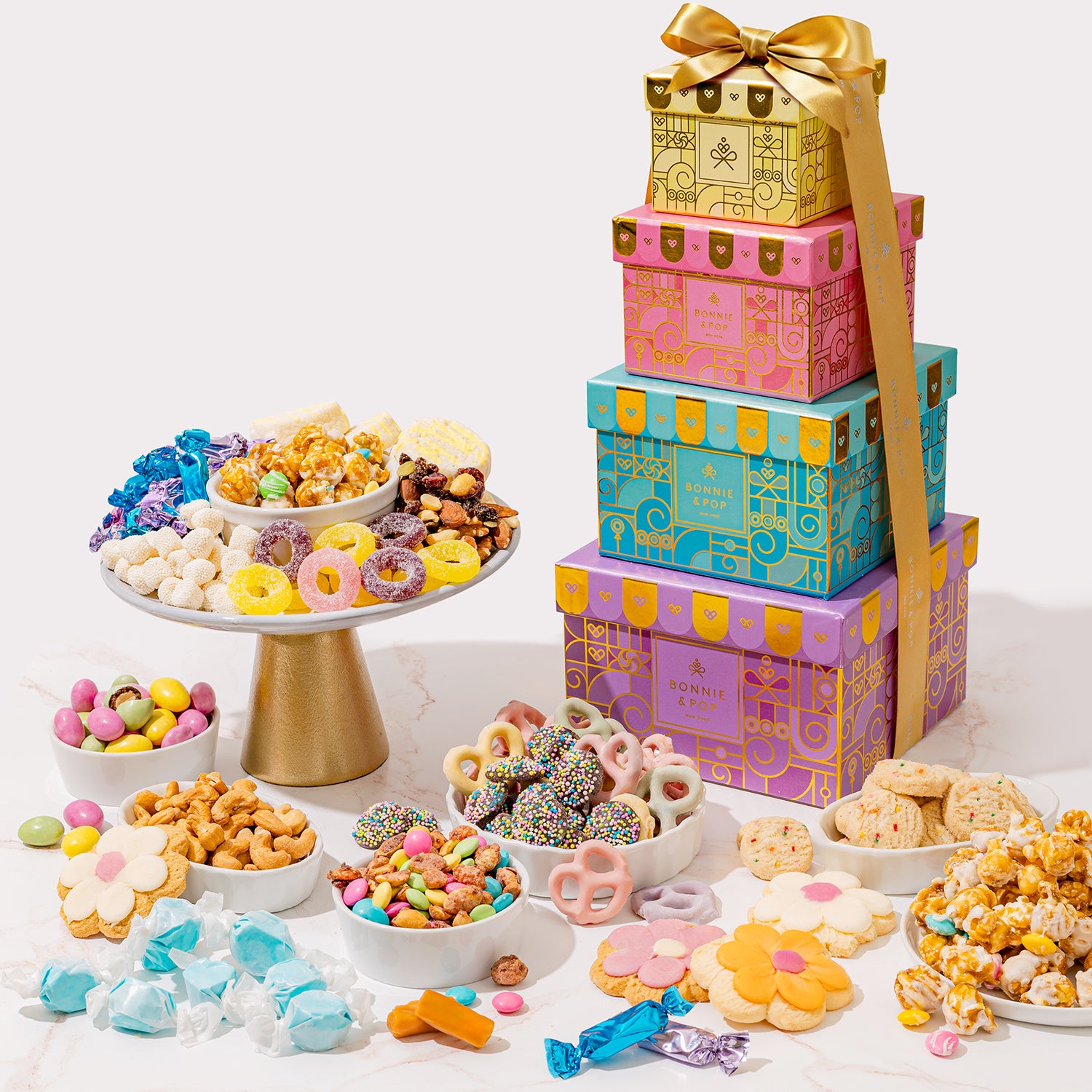 Spring Easter Gift Tower – Assorted Gourmet Snacks & Sweets Gift Boxes, Popcorn, Cookies, Yogurt Pretzels, Almonds, Taffy, Caramels & Nuts