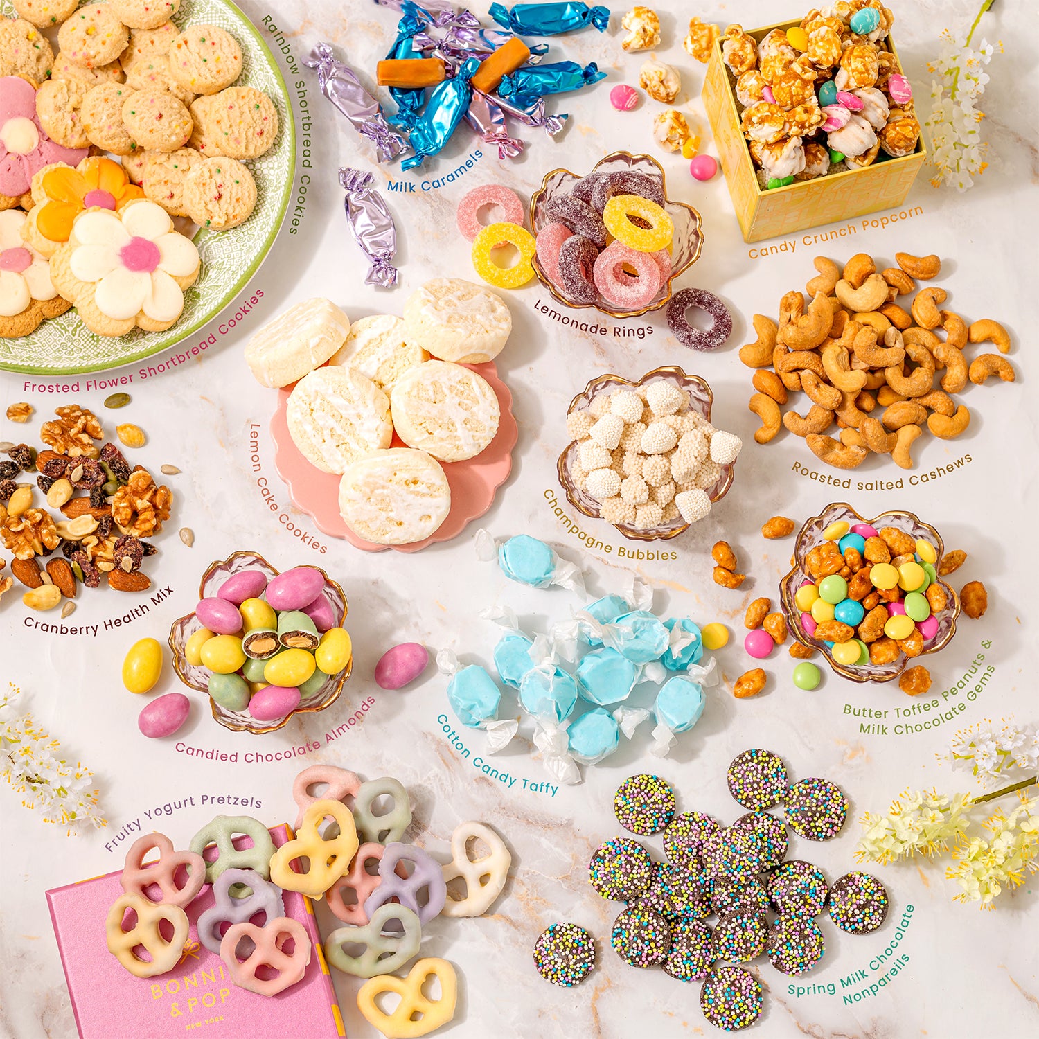 Spring Easter Gift Tower – Assorted Gourmet Snacks & Sweets Gift Boxes, Popcorn, Cookies, Yogurt Pretzels, Almonds, Taffy, Caramels & Nuts