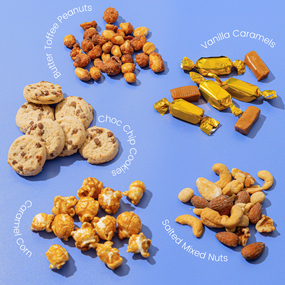 Elegant Square Gift Tin with Chocolate, Nuts & Caramel Treats