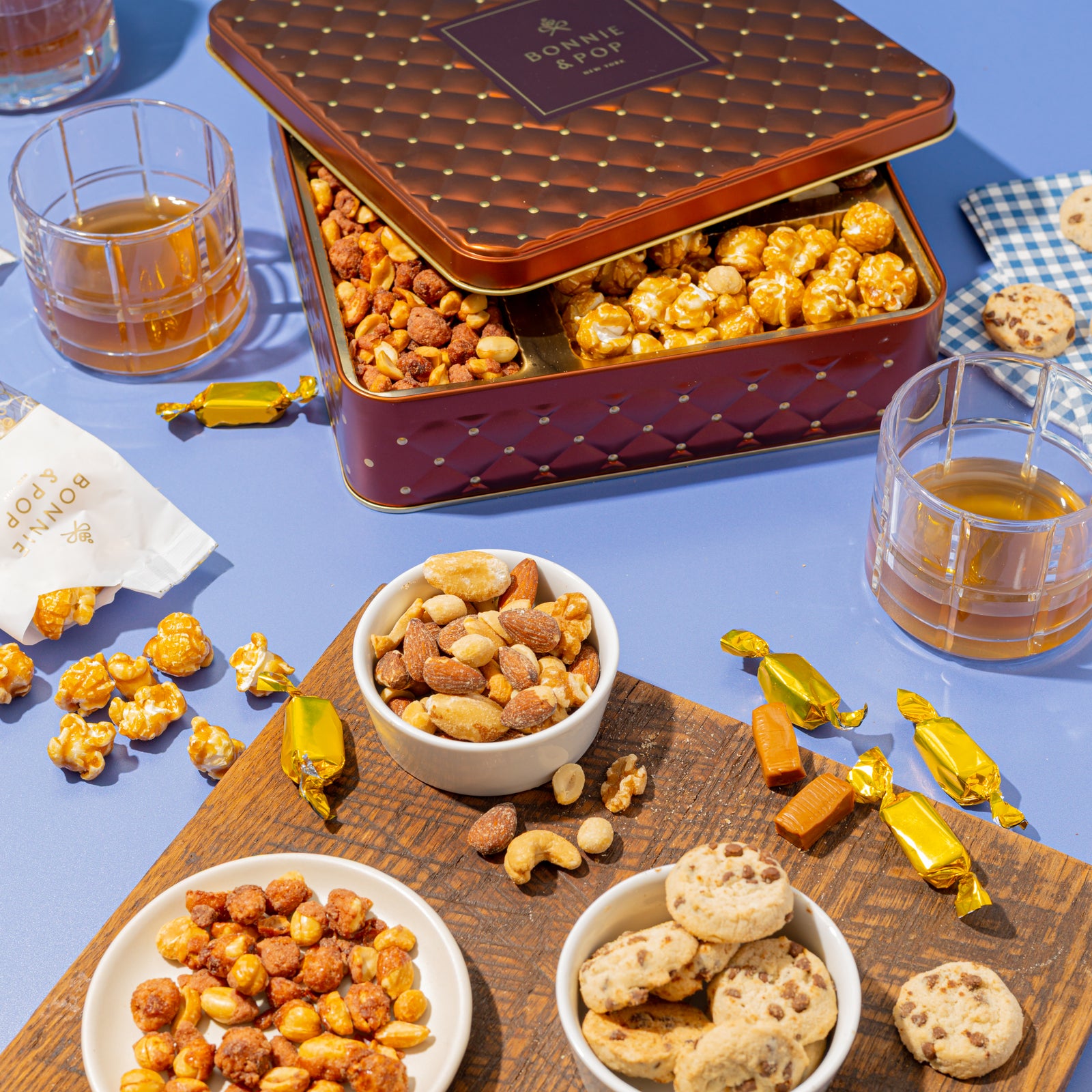 Elegant Square Gift Tin with Chocolate, Nuts & Caramel Treats