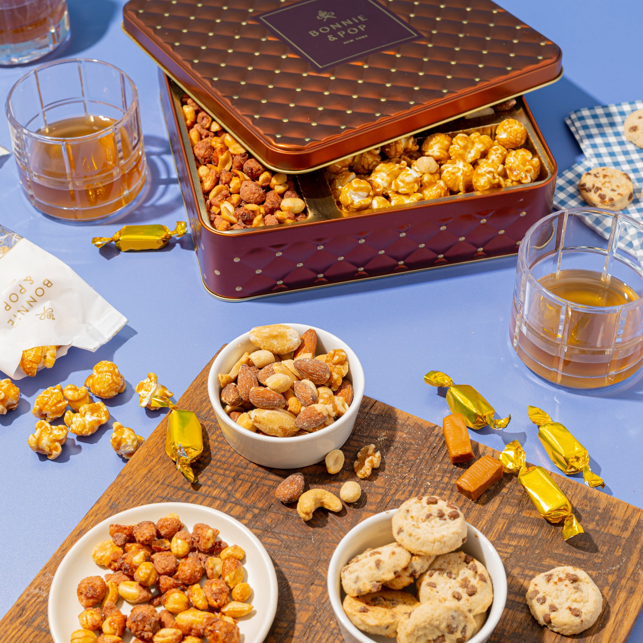 Elegant Square Gift Tin with Chocolate, Nuts & Caramel Treats