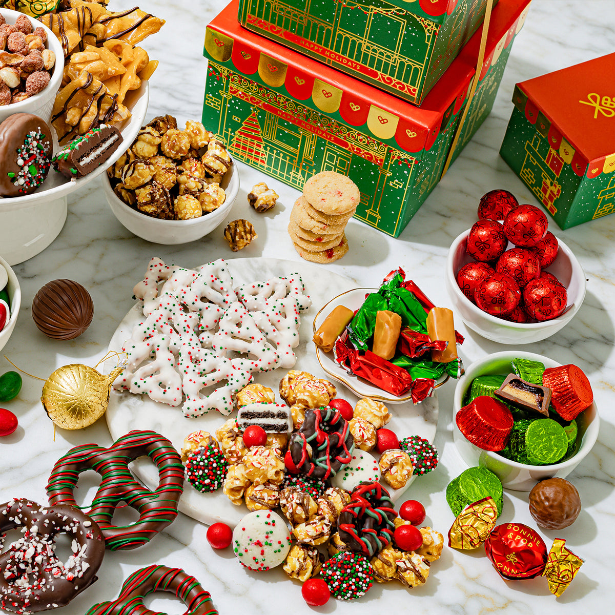 Christmas Gift Basket – Four-Tier Tower of Holiday Chocolates, Caramels & Treats