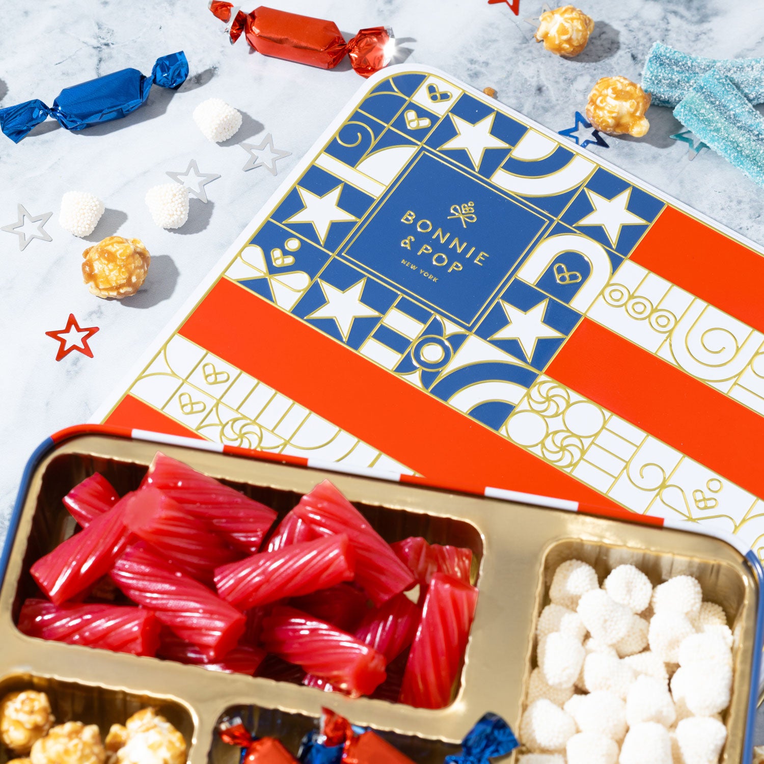The Americana Gift Tin- Red, White, and Blue Patriotic Candy Sampler