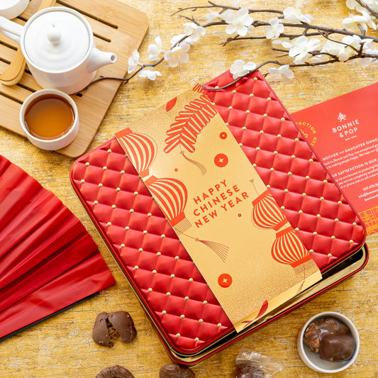 Chinese New Year Chocolate Gift – Gourmet Tin with Assorted Chocolates & Caramels in Red Tin for Lunar New Year