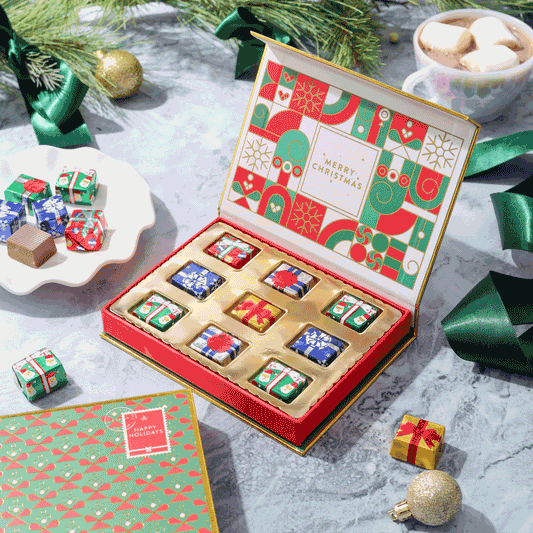 Merry Christmas Holiday Greetings Card with Foiled Chocolate Gift Boxes