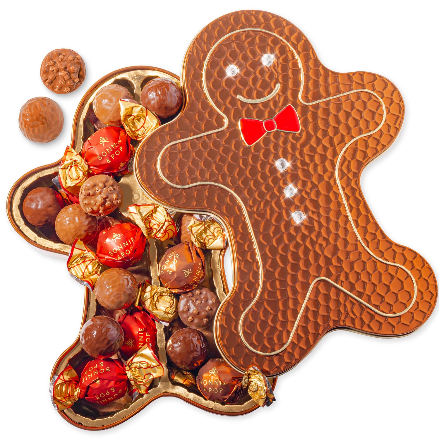 Christmas Gift – Gold Gingerbread Tin Filled with Festive Red & Gold Bon Bons