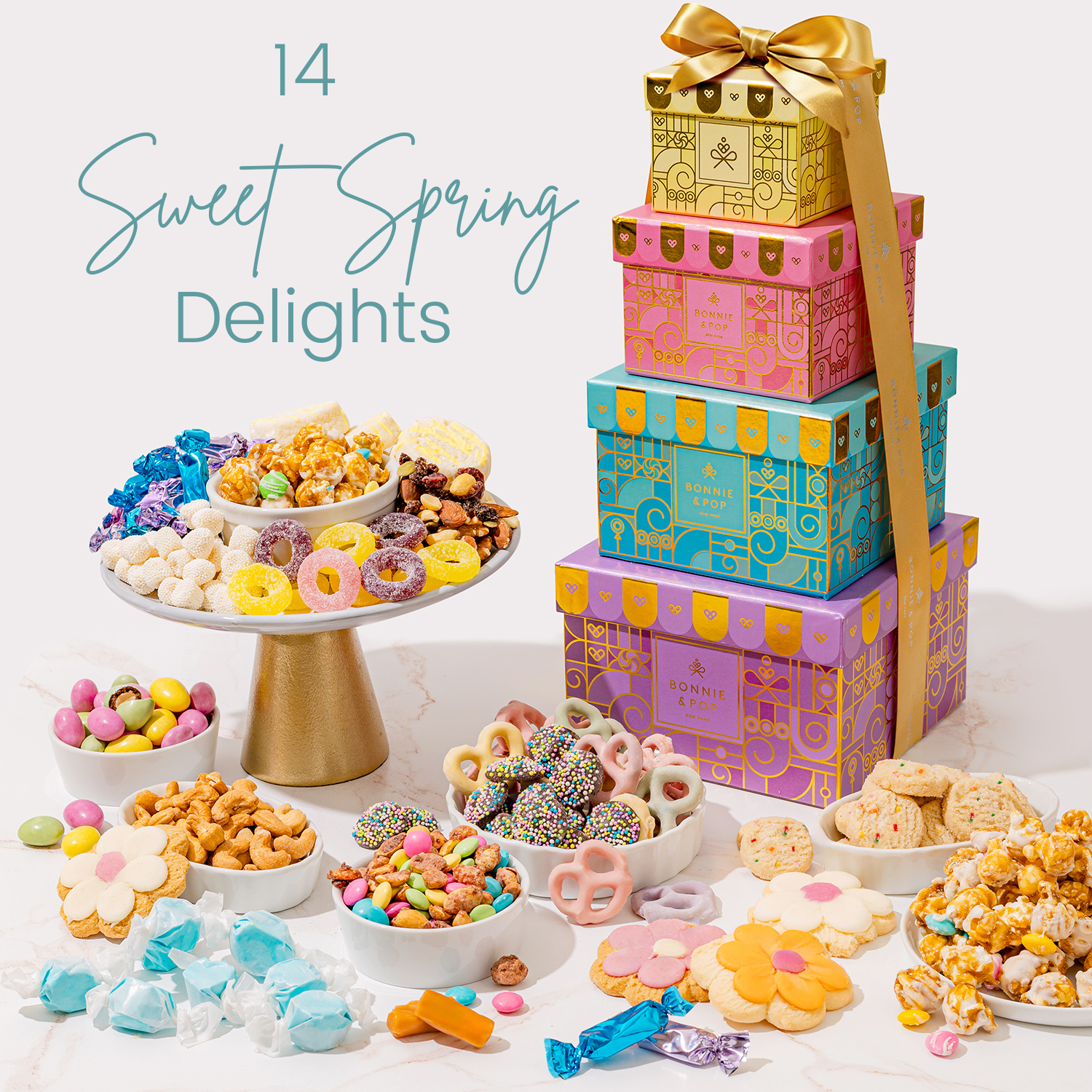 Spring Easter Gift Tower – Assorted Gourmet Snacks & Sweets Gift Boxes, Popcorn, Cookies, Yogurt Pretzels, Almonds, Taffy, Caramels & Nuts