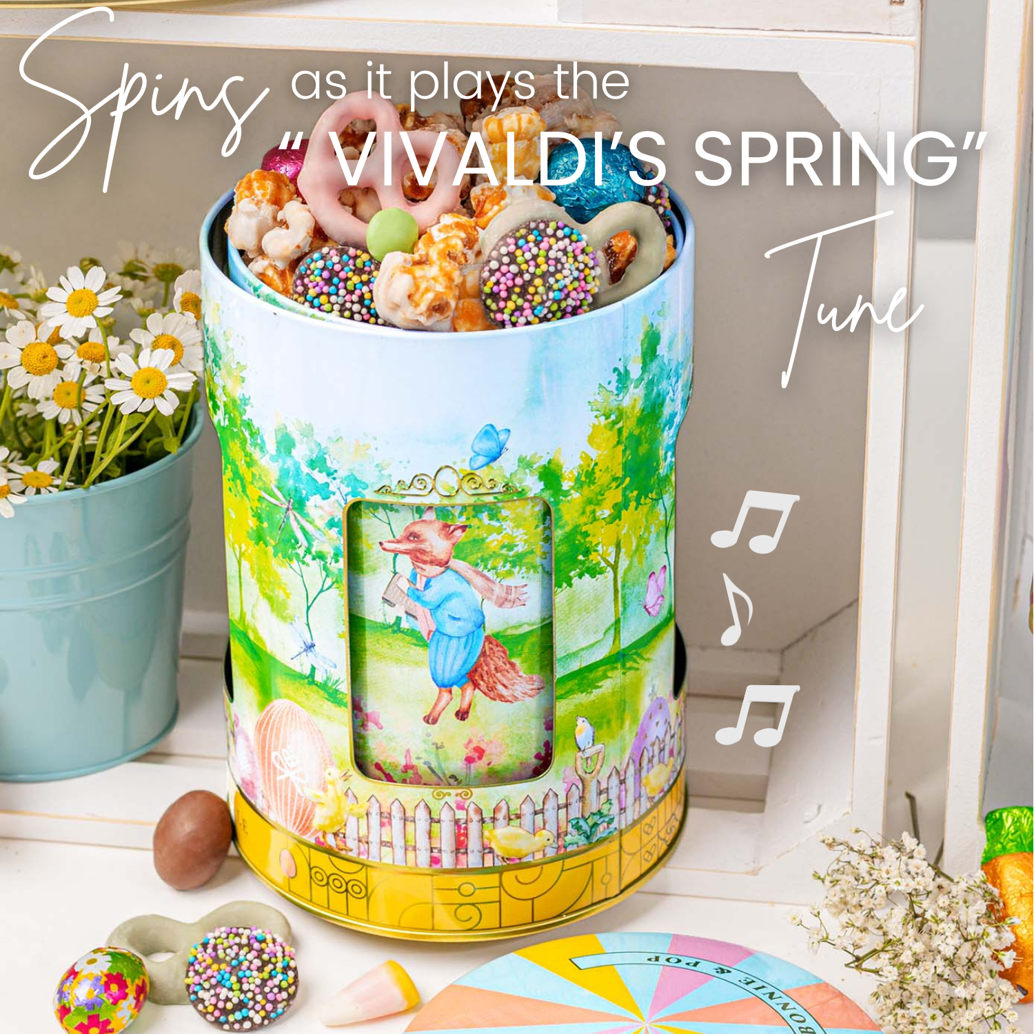 Musical Easter Carousel Gift Tin with Spring Candy Assortment – Plays Easter Music, Chocolate Eggs, Yogurt Pretzels & Popcorn