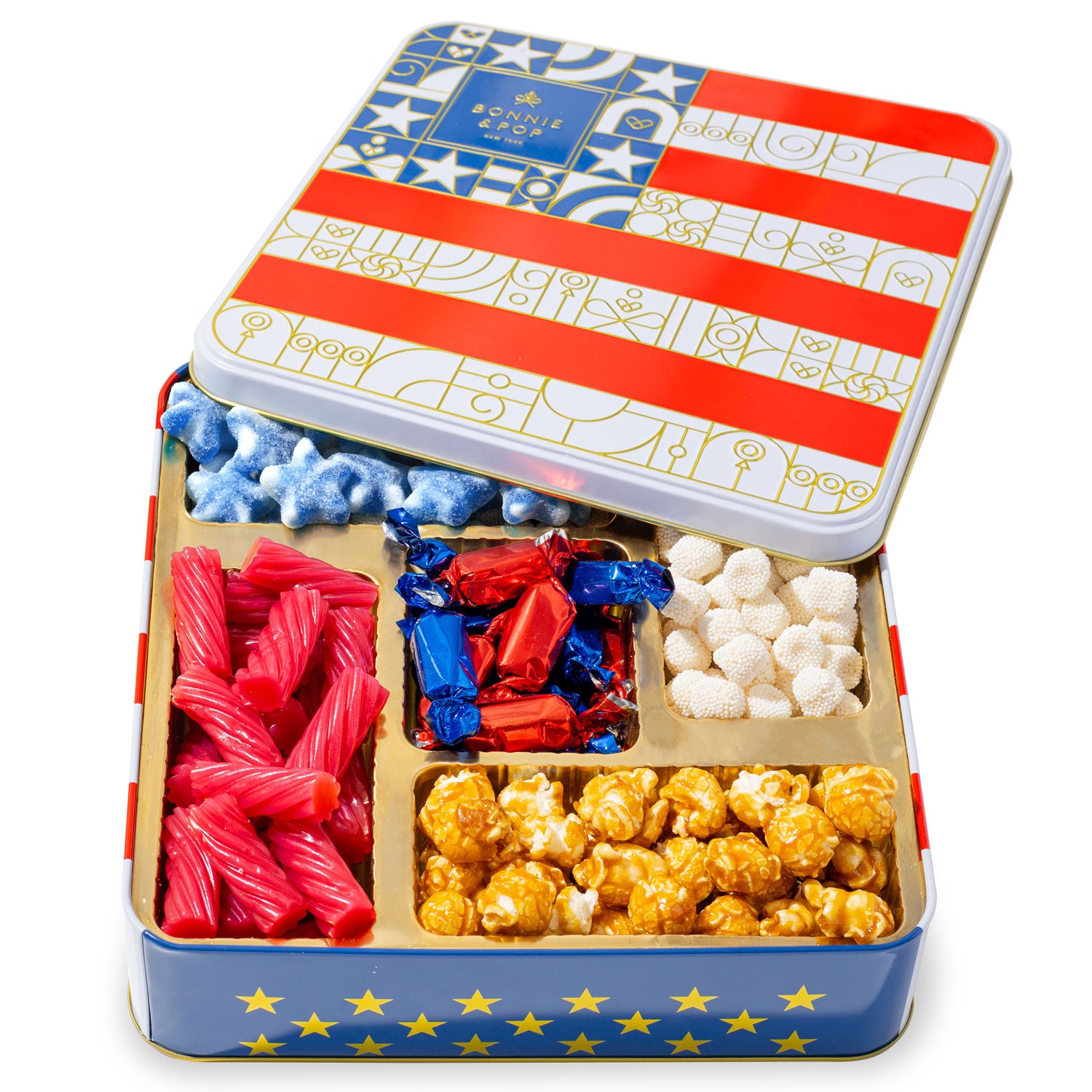 The Americana Gift Tin- Red, White, and Blue Patriotic Candy Sampler