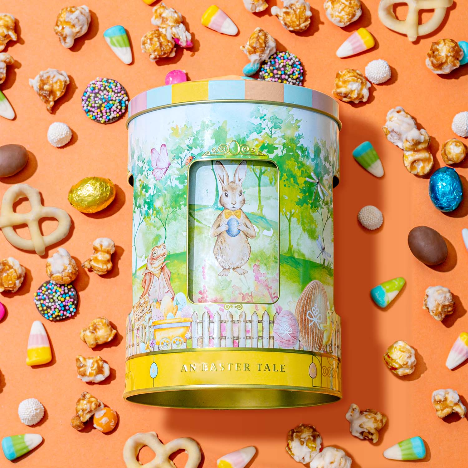 Musical Easter Carousel Gift Tin with Spring Candy Assortment – Plays Easter Music, Chocolate Eggs, Yogurt Pretzels & Popcorn