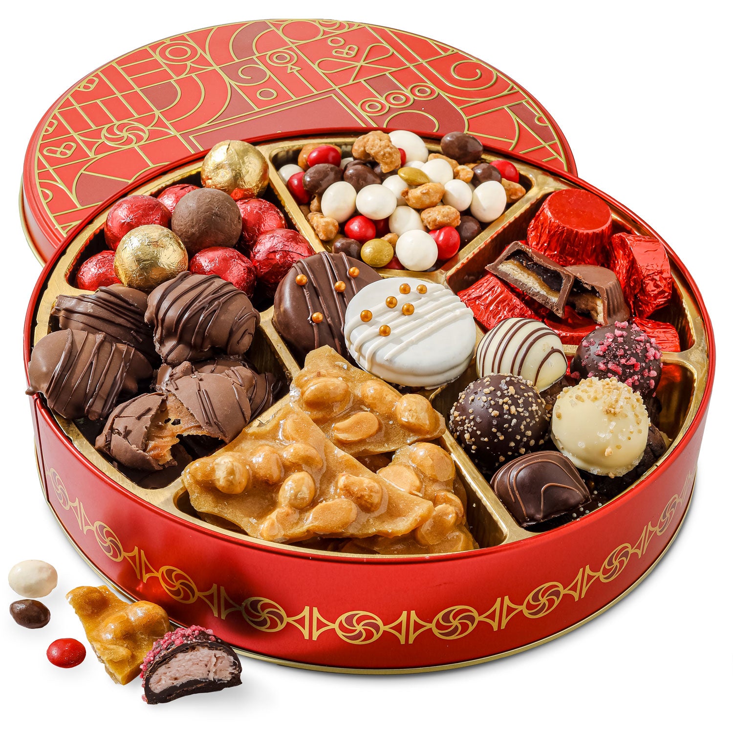 A festive red and gold circular box of assorted gourmet sweets including chocolate covered treats, nut clusters, and candy balls.