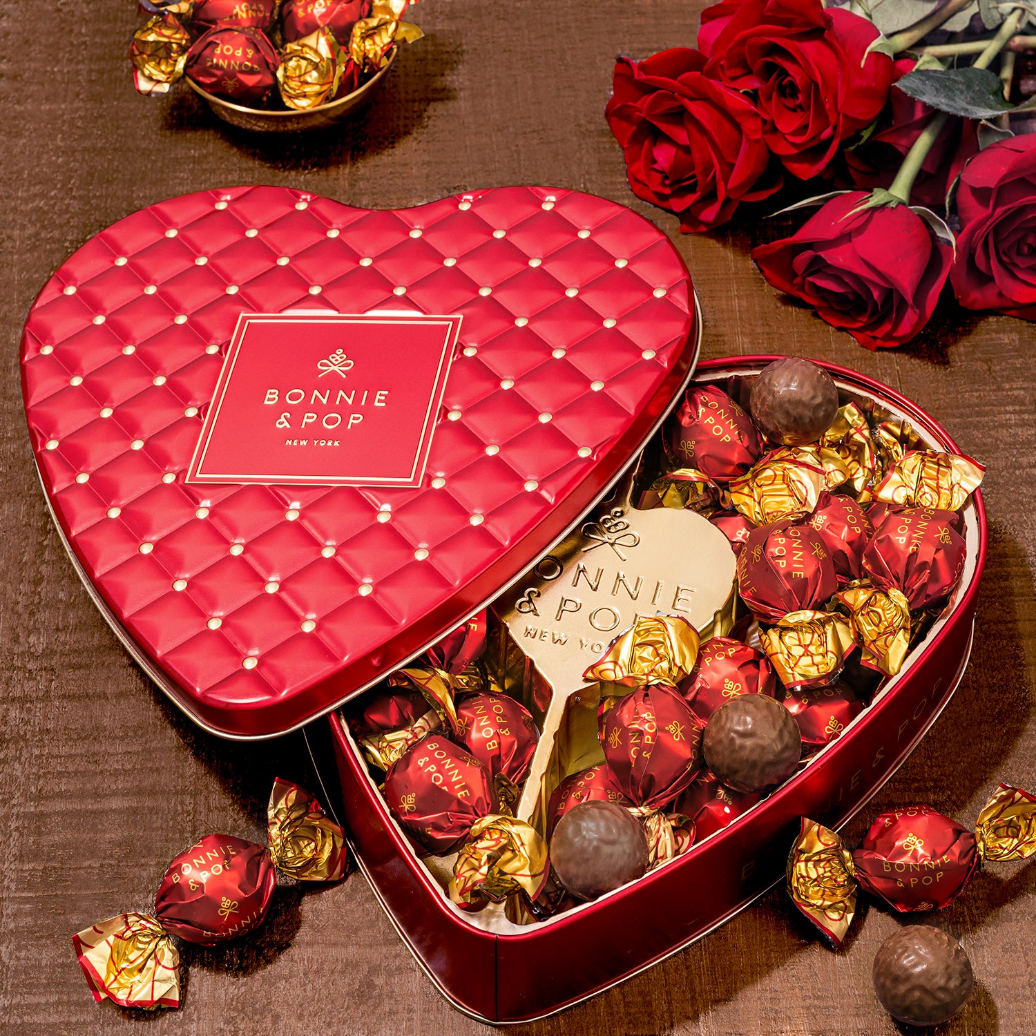 Valentines Day Chocolate Gift- Heart Shaped Tin with Chocolate Hazelnut Bon Bons
