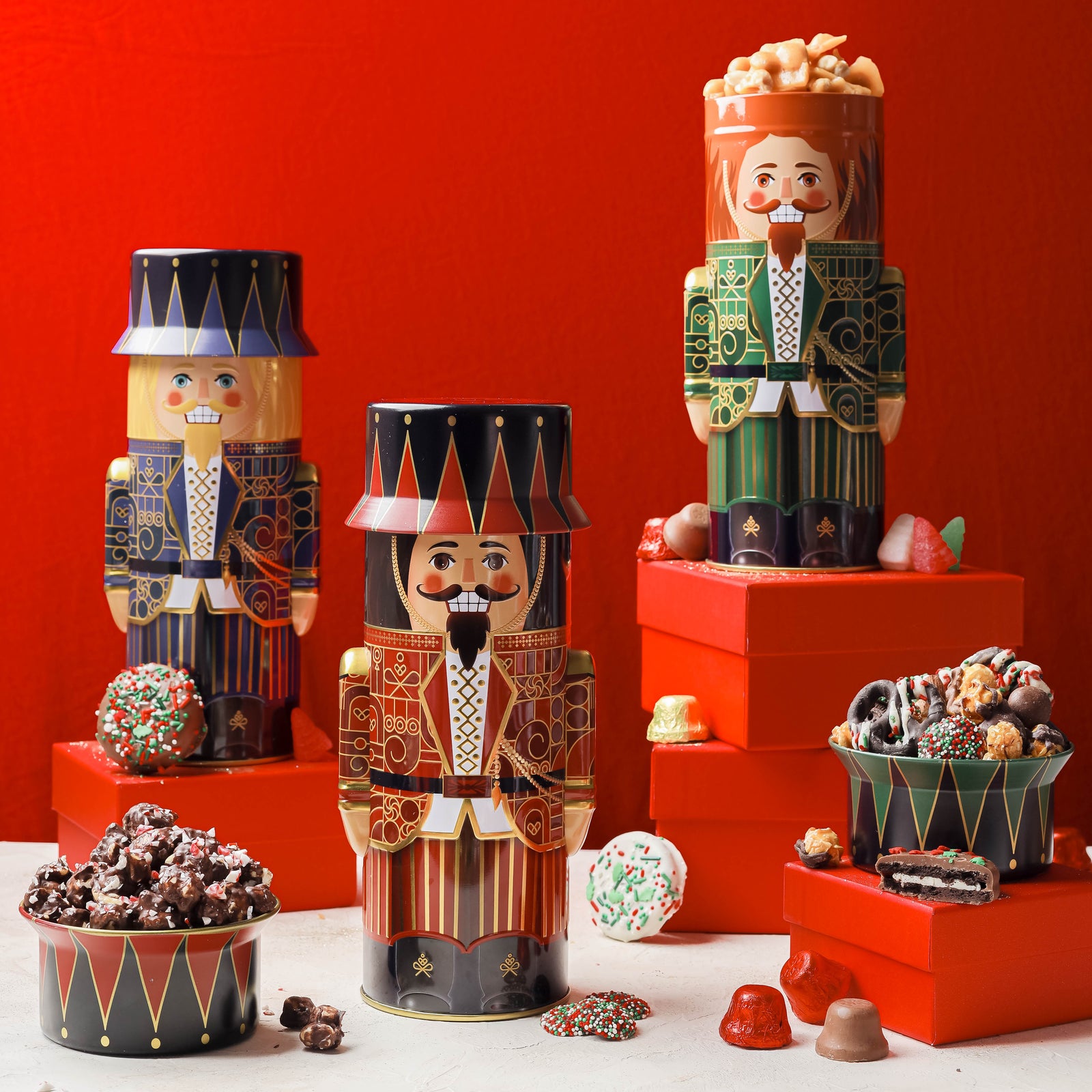 Christmas Gift Basket – Chocolate & Holiday Treat Trio in Nutcracker Toy Soldier Tins