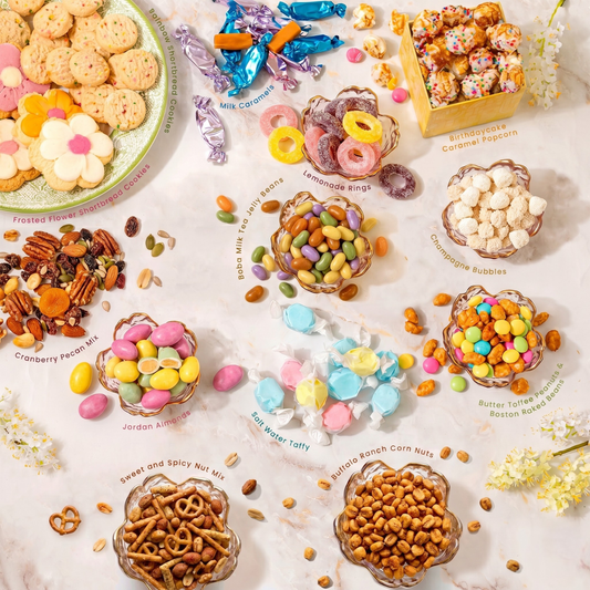 Summer Gift Tower, Gourmet Candy & Snack Box Assortment with Popcorn, Cookies, Taffy, Nuts, Caramels & Sweet Treats - Bonnie & Pop