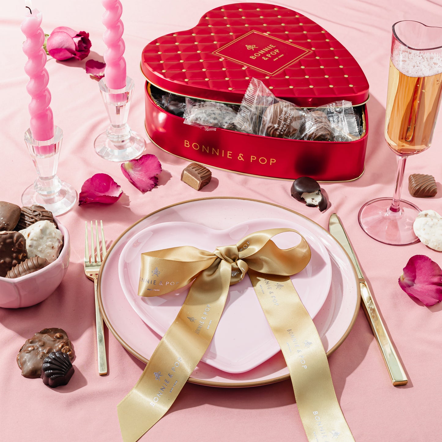 Heart-shaped red tin chocolate gift from Bonnie & Pop