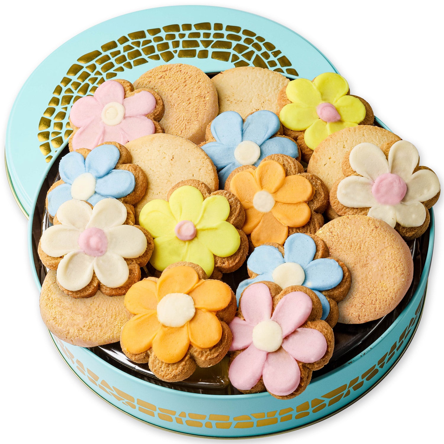 A box of assorted shortbread cookies with floral shapes and different flavors such as cranberry vanilla, lemon, and chocolate chip.