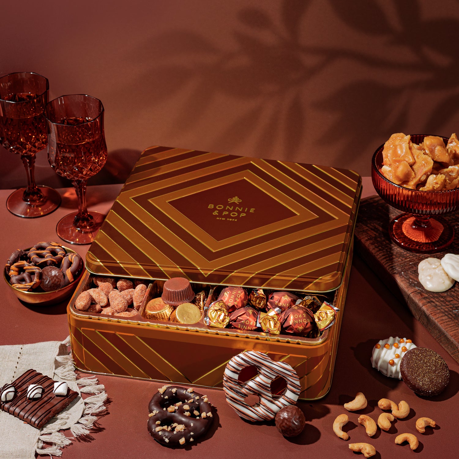 Holiday Gift Basket –  Deluxe Thanksgiving Gift Box with Gourmet Chocolate & Nut Assortment in Gold Tin- Bonnie and Pop