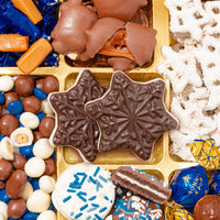 Christmas Gift – Blue Snowflake Holiday Tin with Gourmet Chocolates, Nuts & Cookies