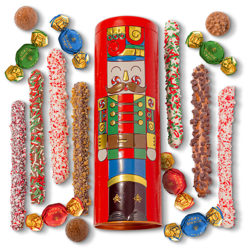 Nutcracker Chocolate-Covered Pretzel Gift Tin – Gourmet Holiday Treats & Christmas Gift Idea