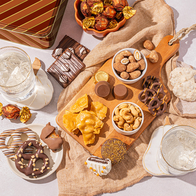Holiday Gift Basket –  Deluxe Thanksgiving Gift Box with Gourmet Chocolate & Nut Assortment in Gold Tin- Bonnie and Pop