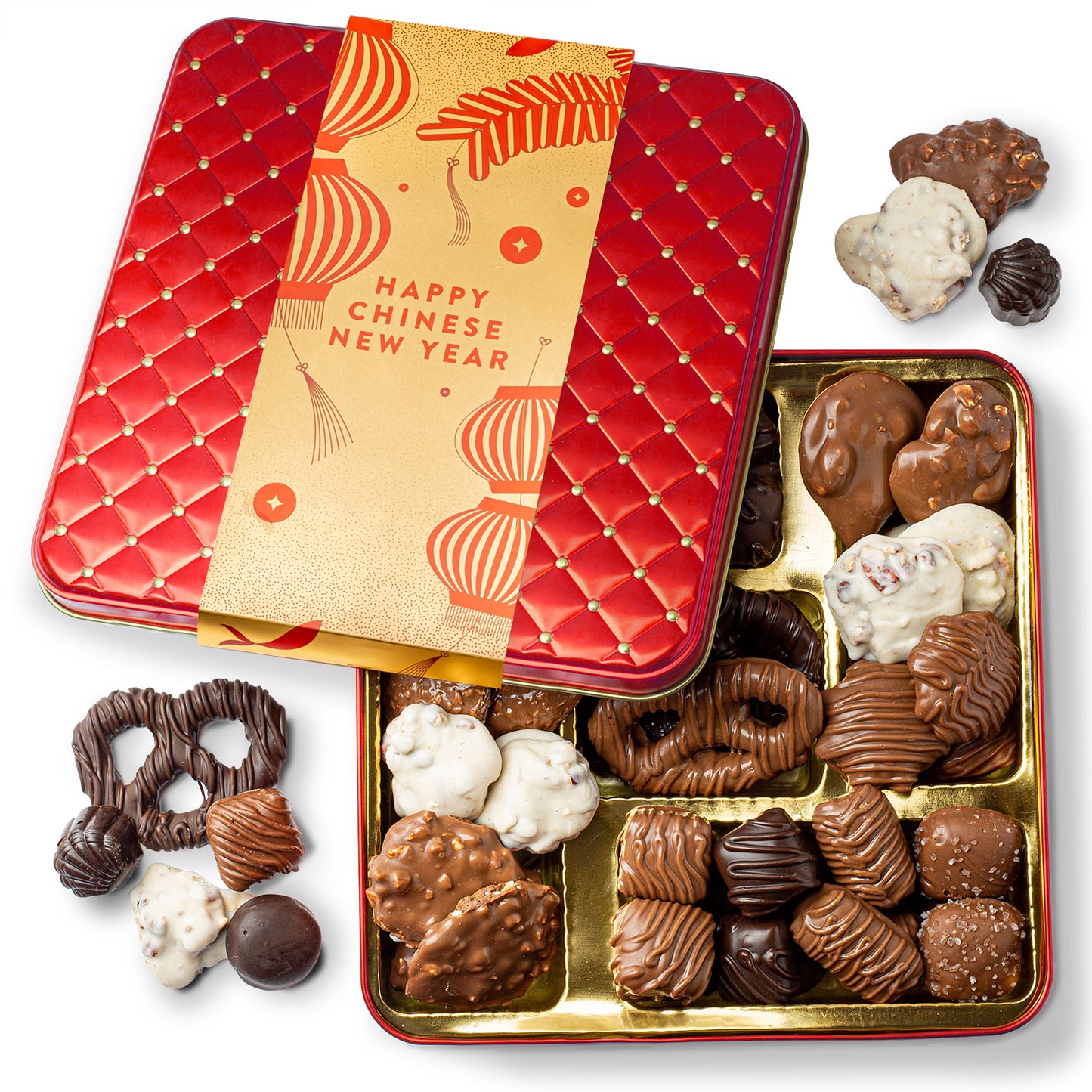 Chinese New Year Chocolate Gift – Gourmet Tin with Assorted Chocolates & Caramels in Red Tin for Lunar New Year