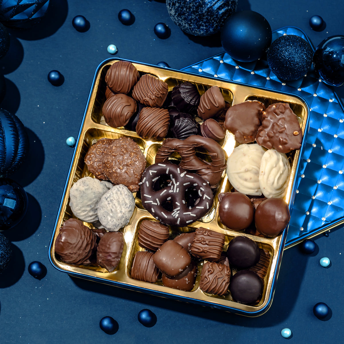 Holiday Gift Tin- Chocolate Assortment- Blue