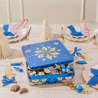 Christmas Gift – Blue Snowflake Holiday Tin with Gourmet Chocolates, Nuts & Cookies