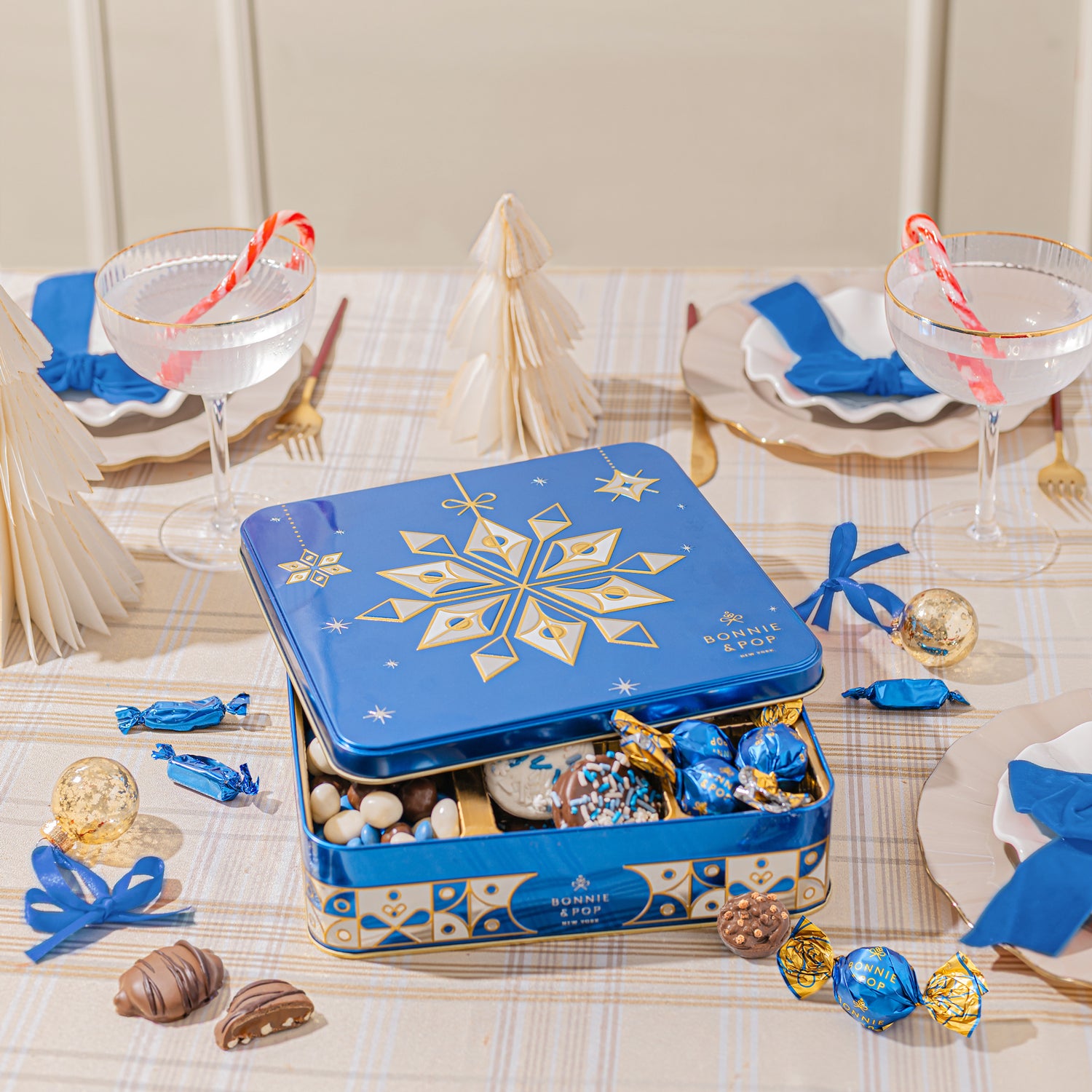 Christmas Gift – Blue Snowflake Holiday Tin with Gourmet Chocolates, Nuts & Cookies