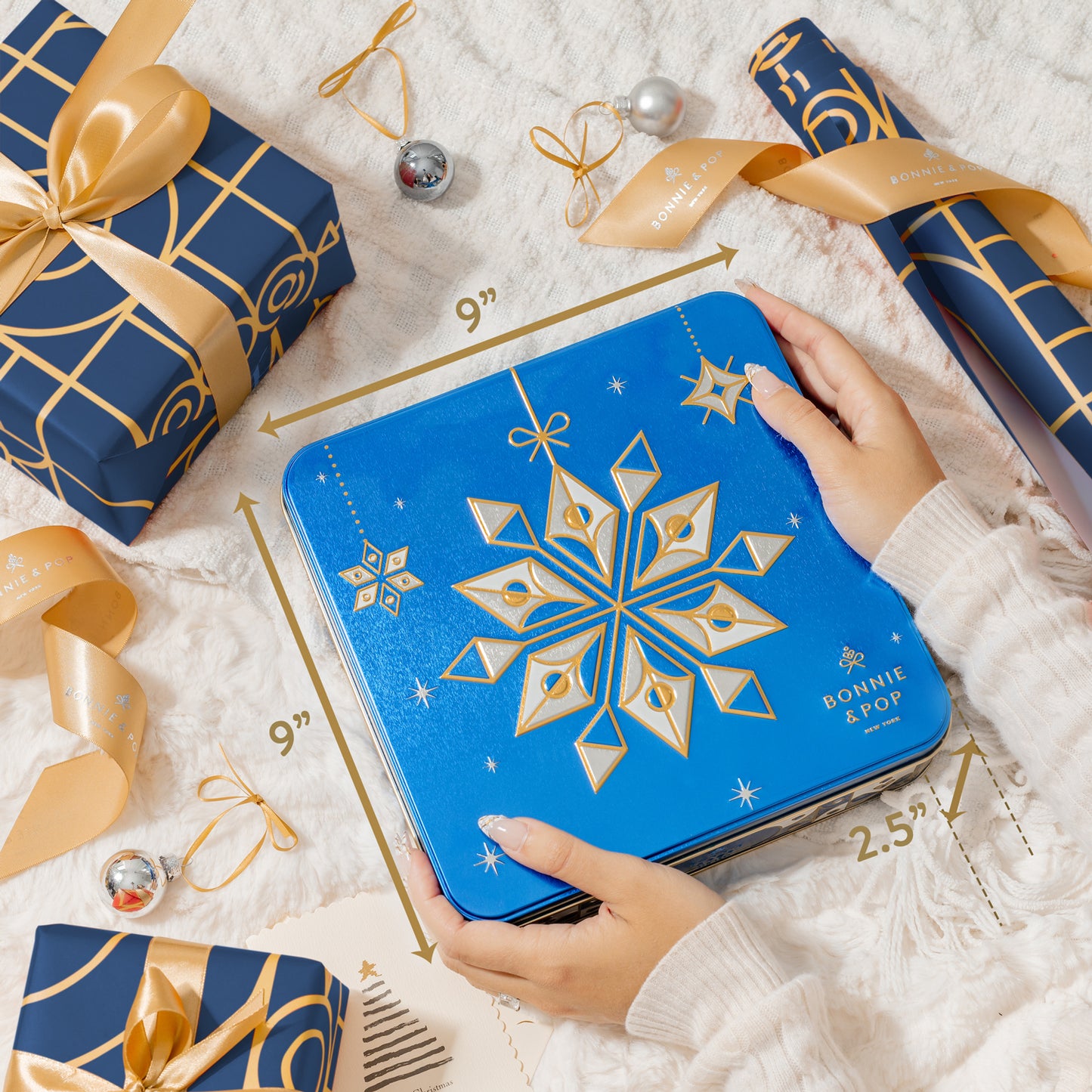 Christmas Gift – Blue Snowflake Holiday Tin with Gourmet Chocolates, Nuts & Cookies
