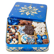 Christmas Gift – Blue Snowflake Holiday Tin with Gourmet Chocolates, Nuts & Cookies