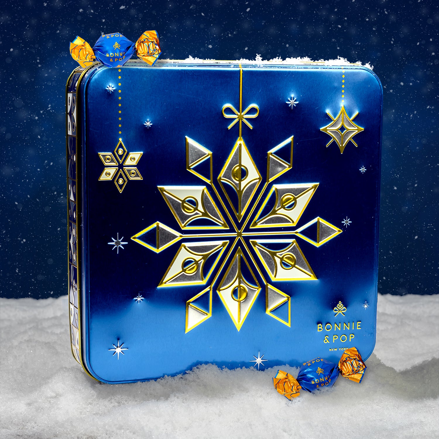 Christmas Gift – Blue Snowflake Holiday Tin with Gourmet Chocolates, Nuts & Cookies