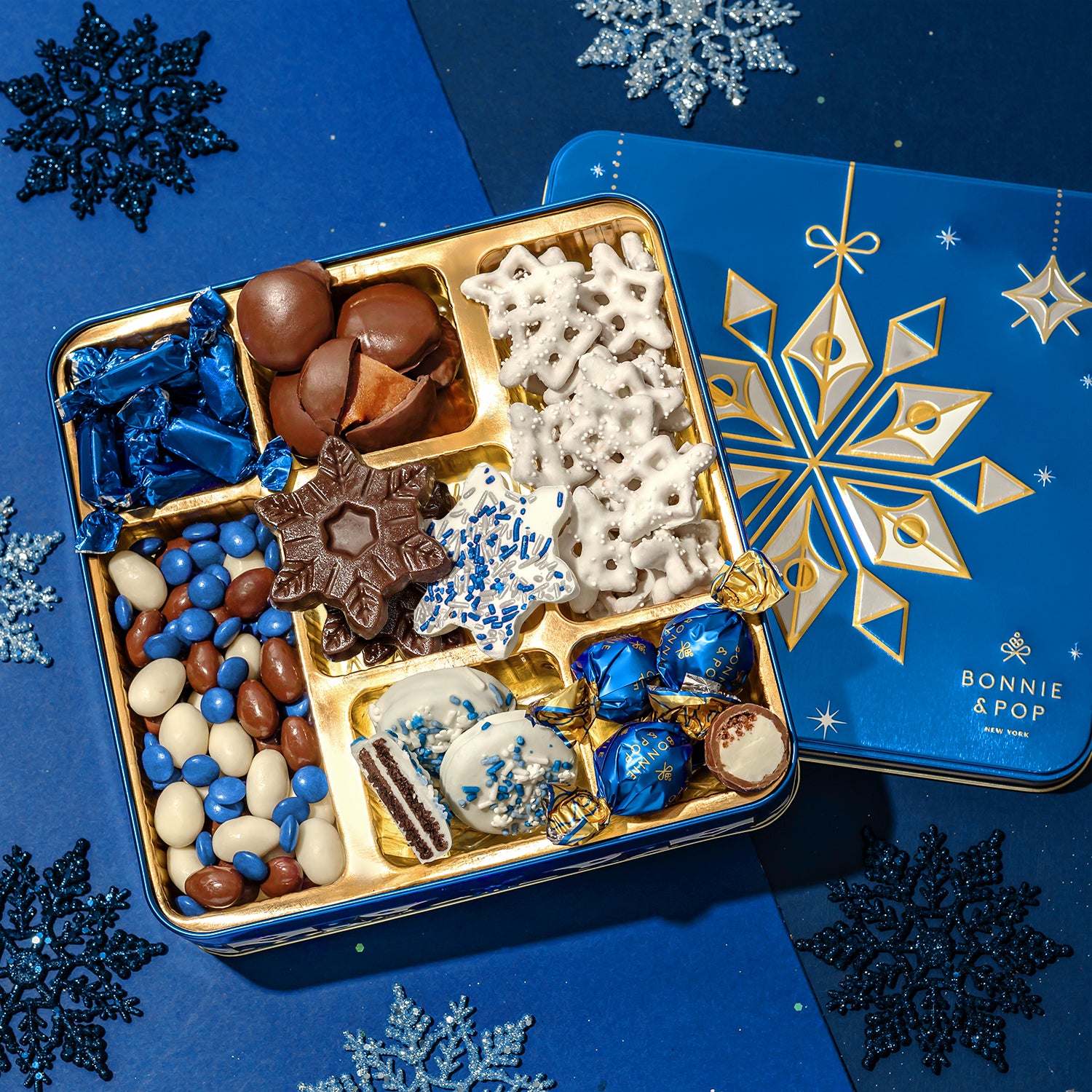 Christmas Gift – Blue Snowflake Holiday Tin with Gourmet Chocolates, Nuts & Cookies