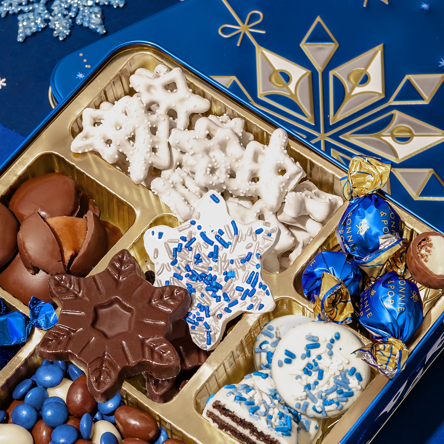 Christmas Gift – Blue Snowflake Holiday Tin with Gourmet Chocolates, Nuts & Cookies